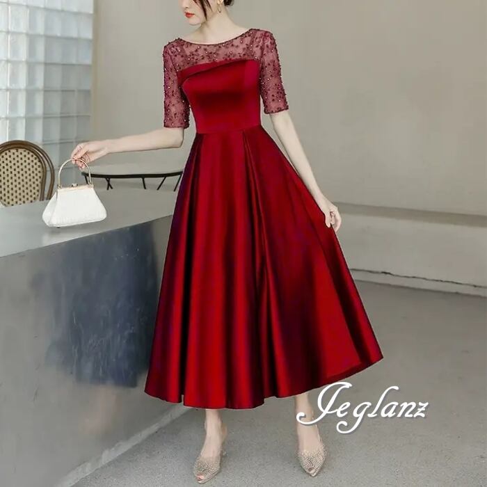 3色 パーティ ドレス ワンピース ラインストーン 光沢 肌透け 5分袖(MB154)ζ