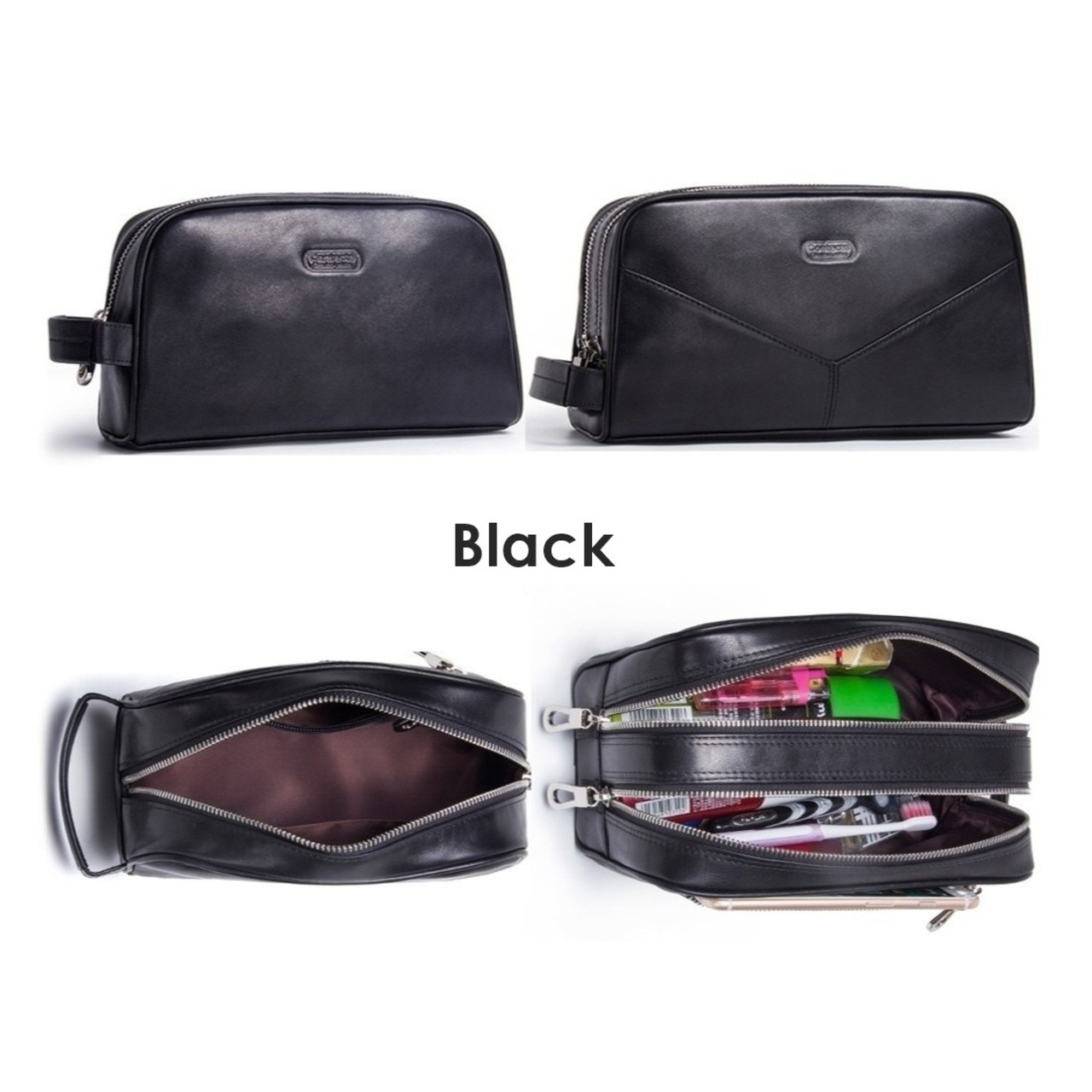 Double Zip Genuine Leather Travel Pouch Bag / 本革 ダブルジップ レザー トラベル ポーチ バッグ
