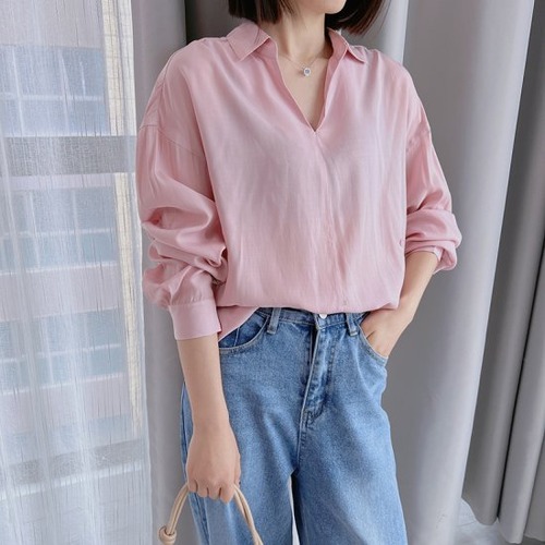 シャツ レディース ブラウス アシンメトリー スキッパー Vネック プルオーバー キーネック 長袖 ゆったり ピンク サイドボタン デザインシャツ レトロ かわいい カジュアル ２way おしゃれ