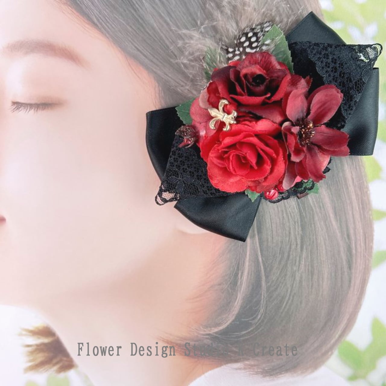 赤い薔薇とコスモスのヘアクリップ｜黒リボン・羽根付き・フラメンコ
