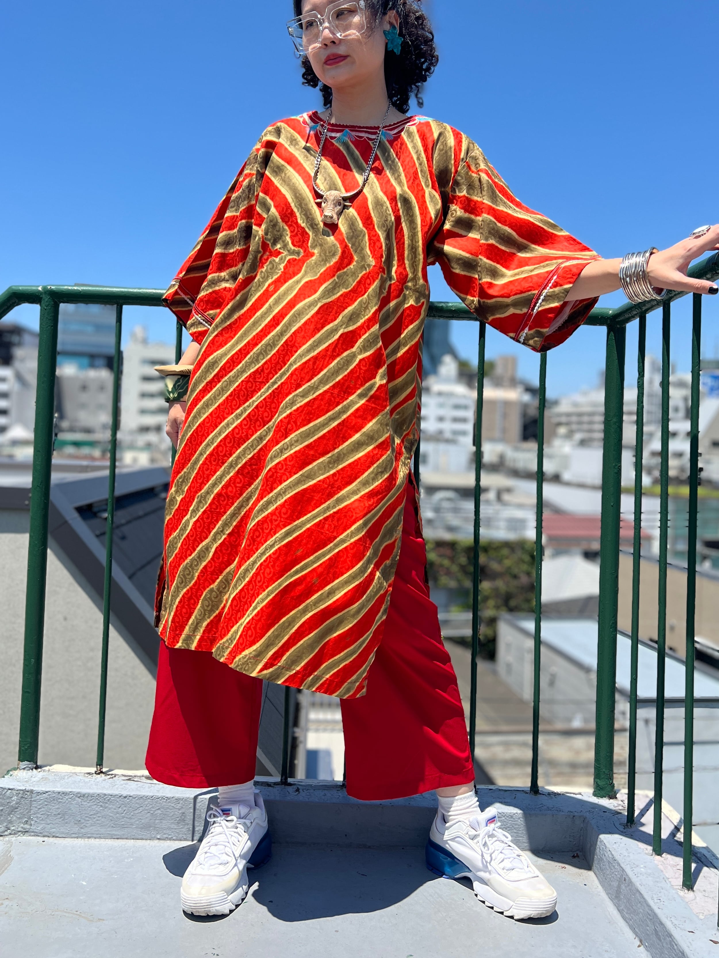 Vintage african batik orange cotton dress ( ヴィンテージ アフリカン バティック コットン ワンピース )