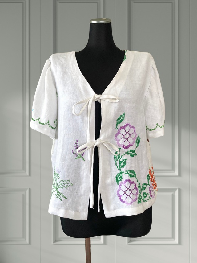 ヴィンテージ リネン 刺繍 リボン 羽織り 半袖シャツ