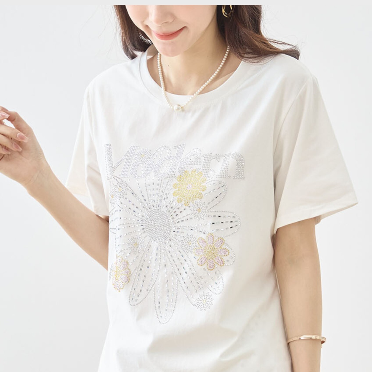 TRUBE フラワーモチーフプリントTシャツN12-1097【M~L】ホワイト