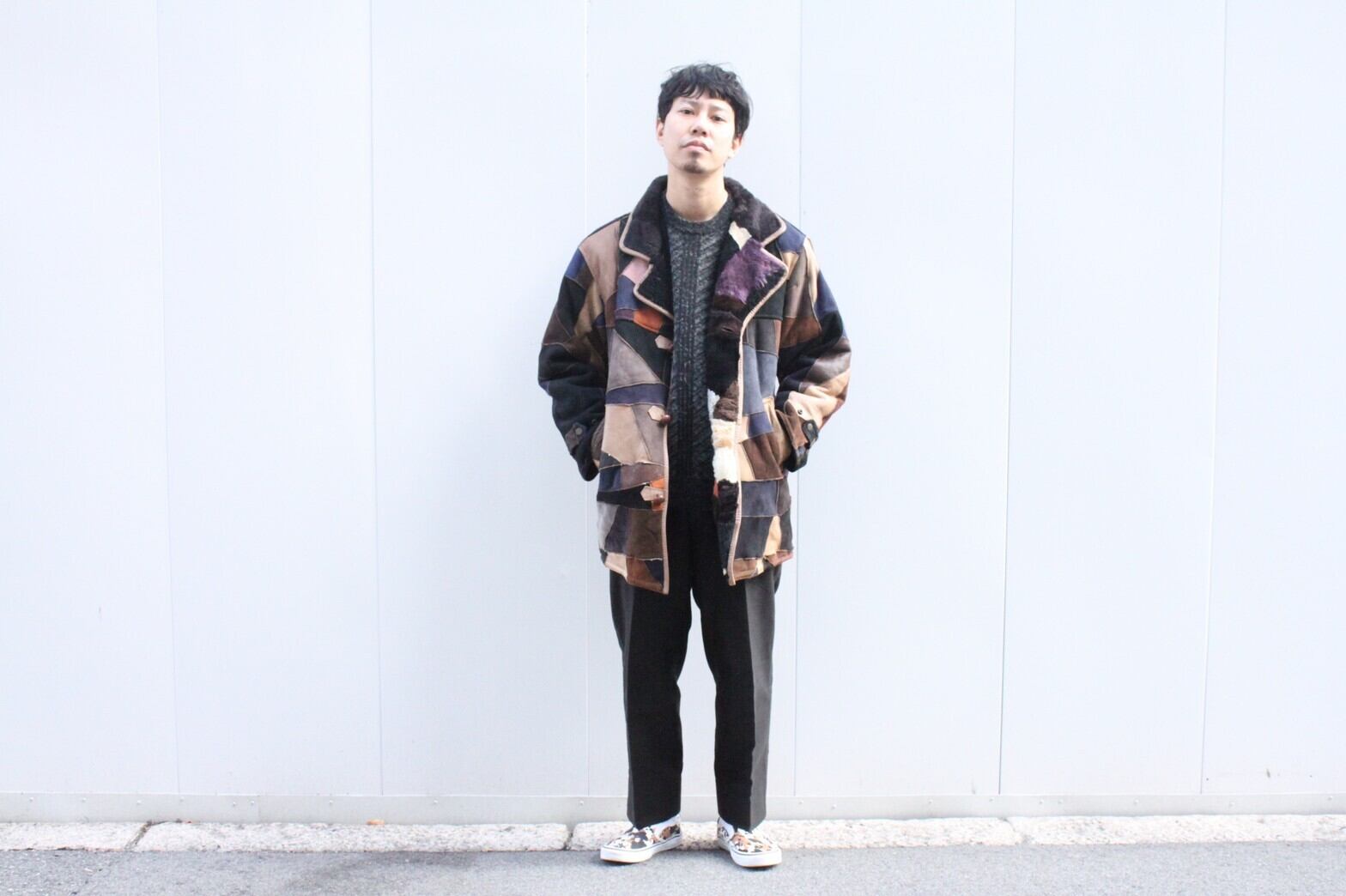 80s BONBEC Color Mouton Patch Work Half Coat