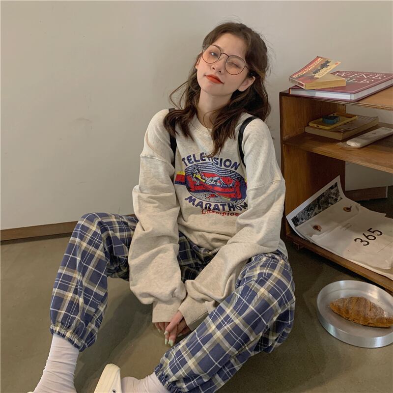 スーツレディース2020年初秋レトロオートミールプリントセーター+ビームチェック柄カジュアルパンツの新バージョン クレセントシティ51202129797