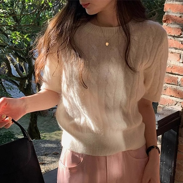 <3カラー>トップス ニット ケーブル 半袖 ラウンドネック カジュアル リラクシー シンプル 大人可愛い