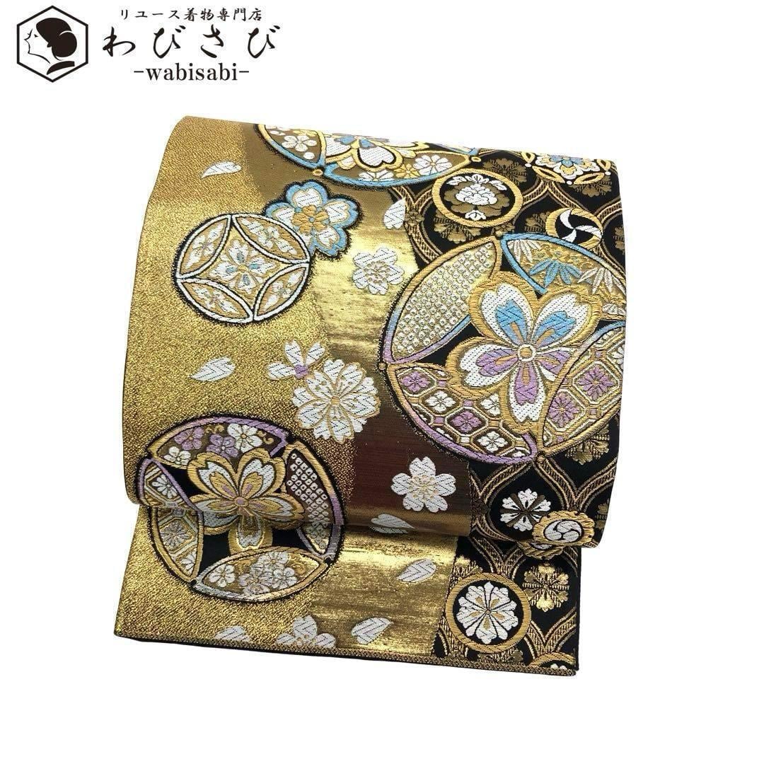 袋帯 煌びやかな桜の花模様 花七宝 黒金 金銀糸 振袖 O-3250  