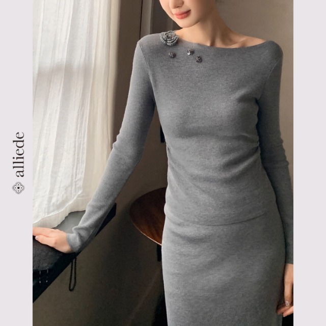 フラワーニットトップス＆ロングスカートセット　A3263