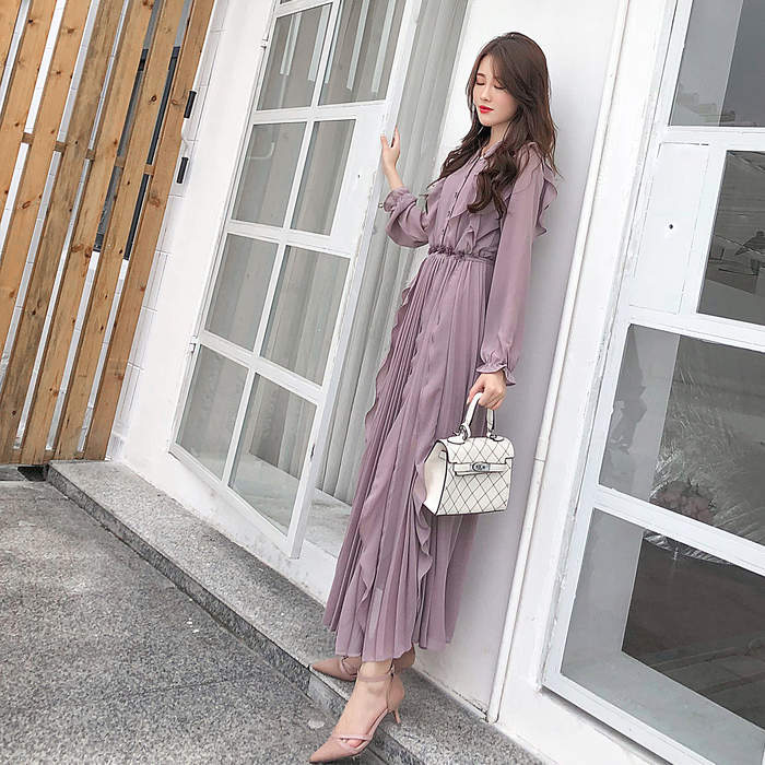 cest-X0023) 女性の服 Vネック シフォン 長袖 パープル ロング