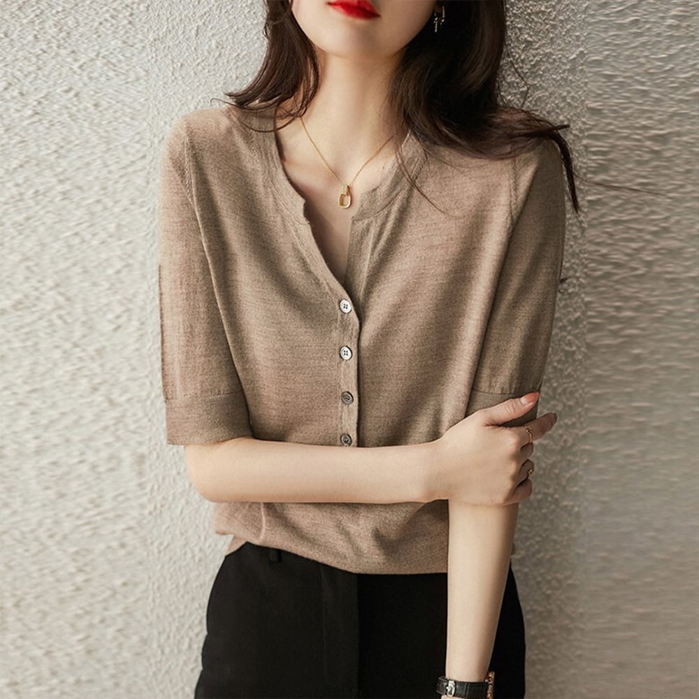 サマーニット レディース 五分袖 韓国 トップス 春夏秋 きれいめ おしゃれ 大人 かわいい ニット Vネック ハーフボタン ニットソー カジュアル シンプル 大人可愛い 大人女子