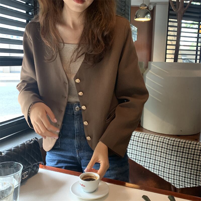 Vネックジャケット オータムブラウントップス ロング 秋物 モンロー57840483764