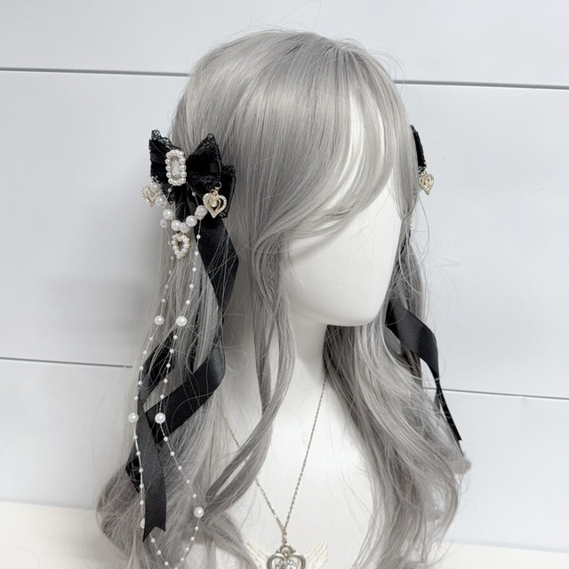 真珠雫の双子リボン パールハートロングテール甘ロリ2点ヘアクリップ