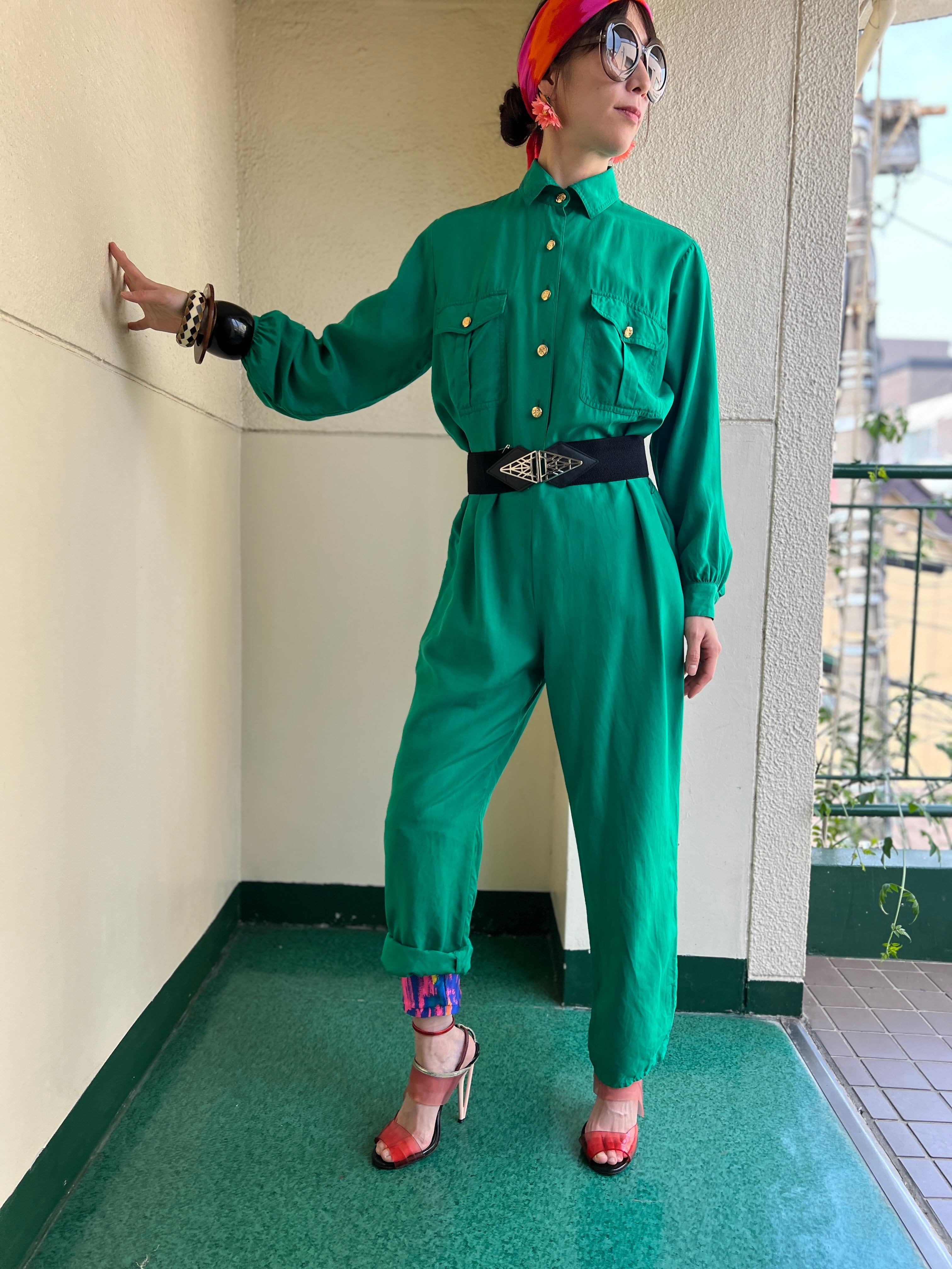 80s green silk simple jumpsuits ( ヴィンテージ グリーン シンプル