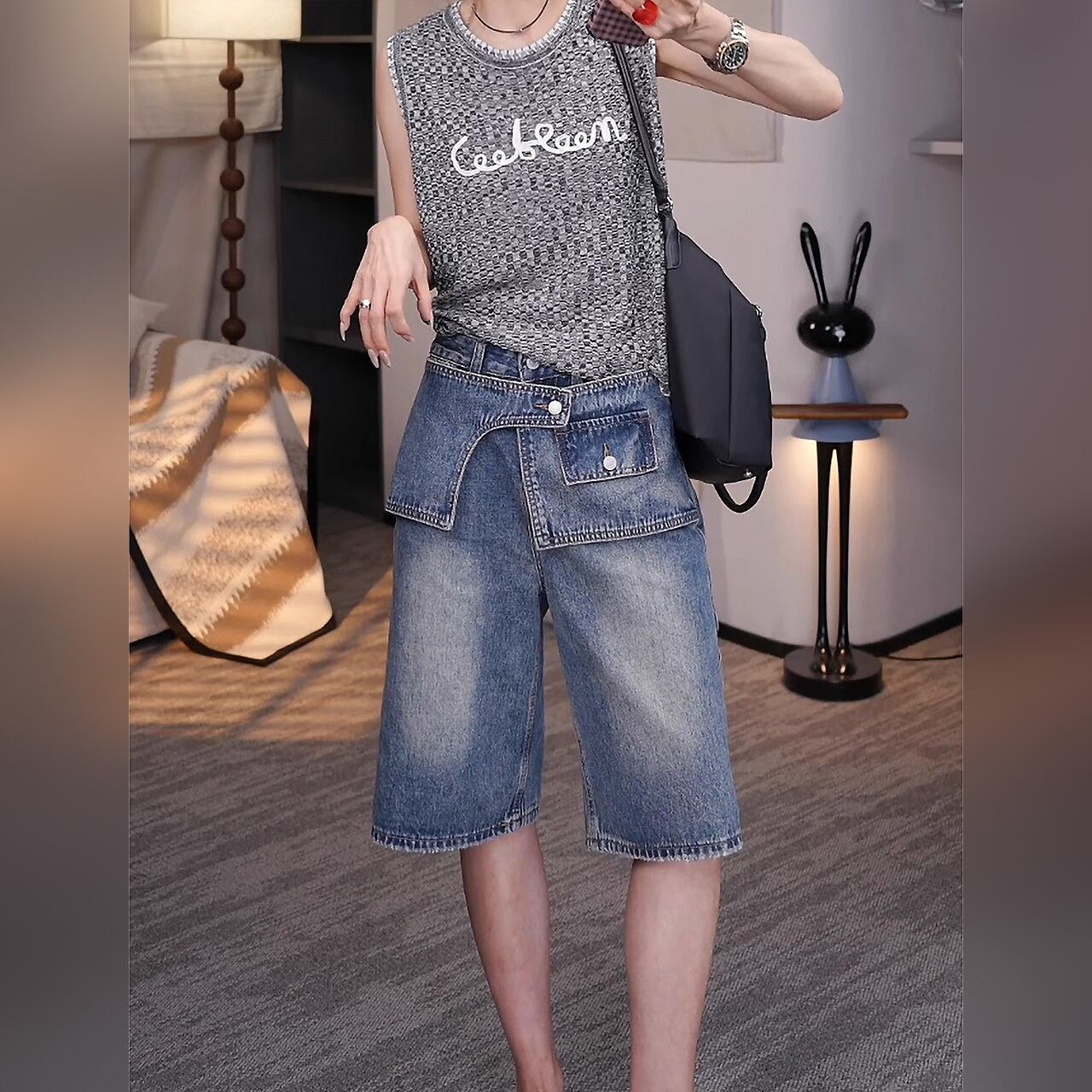 デニムパンツ クロップド レディース ブルー ハーフパンツ 膝下 5分丈