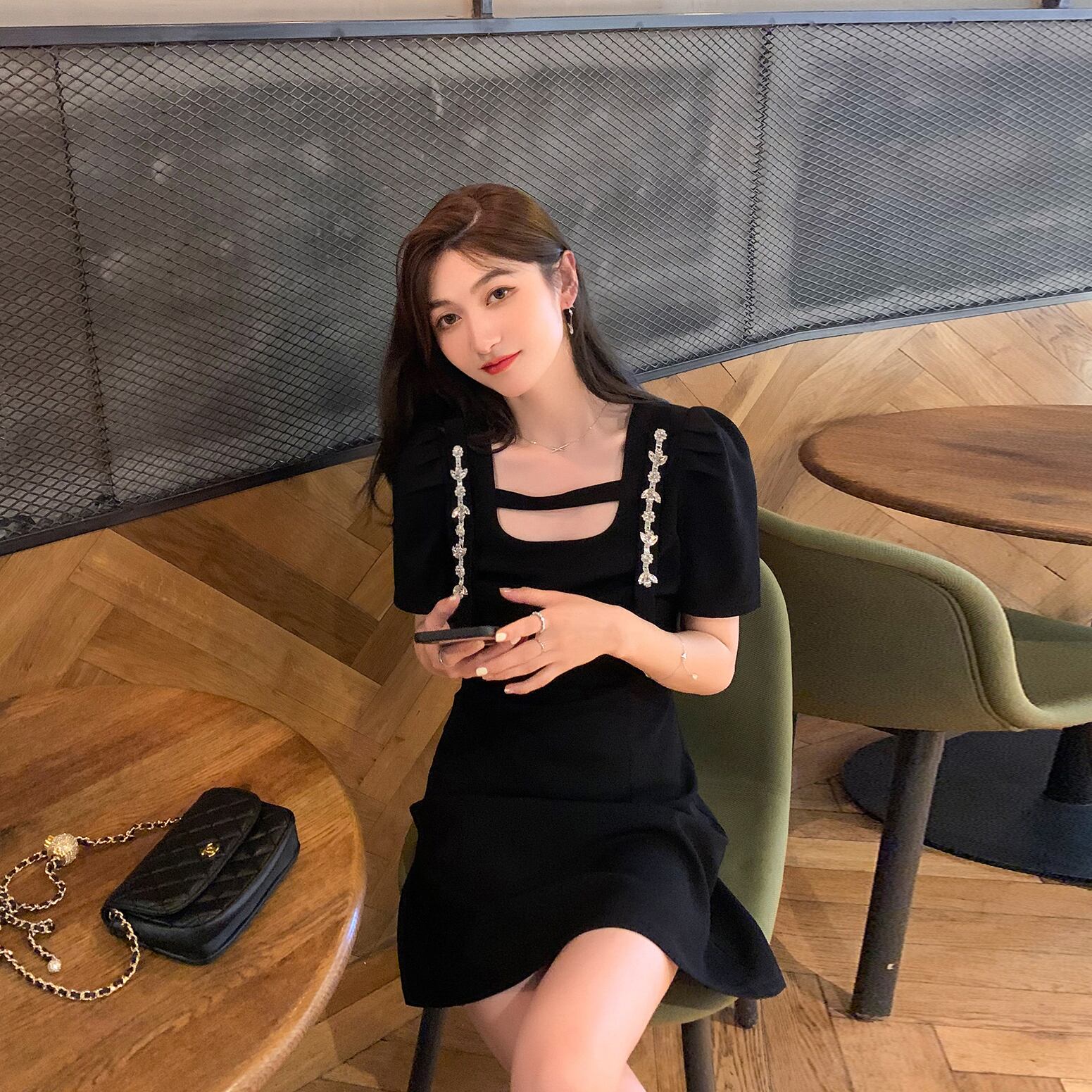 スタイルウェストドレス サマースタンダードブラック レトロ 夏物 6Du_Shop_Women48342699076