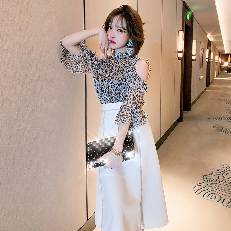 レオパードプリント柄ストラップレススリーブトップス スカート フレアスリーブ スプリング 春物 サマー 夏物 MIUCO16808499082