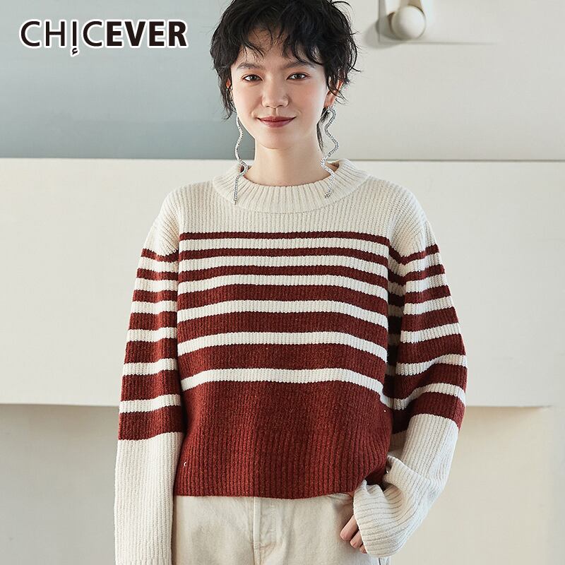 CHICEVERヒットカラーセーター女性Oネック長袖ストライプ特大ルーズニットプルオーバー2021秋 ロング オータム 秋物 6base542837456217