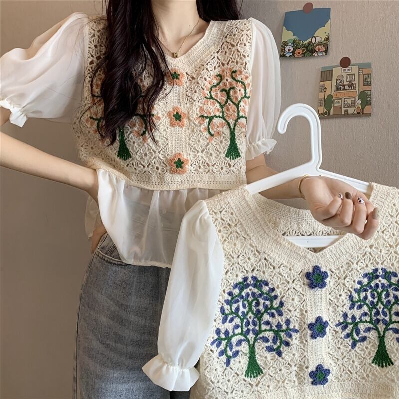 刺繍スタンダードシフォンシャツ サマー薄手トップス レトロ 夏物 YY-ファッション54917762142