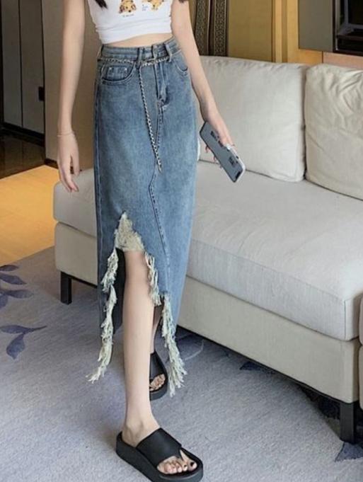 ダメージデニムスカート アシンメトリーダメージデニムスカート