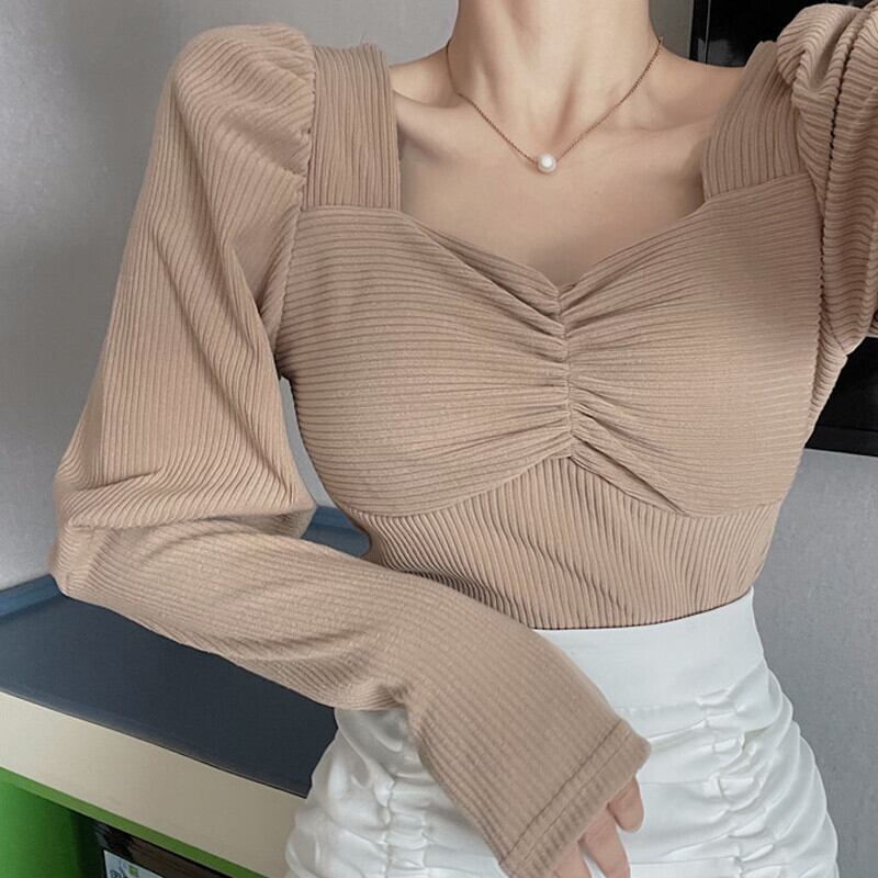 スリーブTシャツ シャツ オータムスリムショートトップス Vネック ロング 秋物 ガールズファッション74453065964