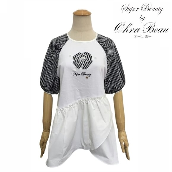 スーパービューティー チュニック カットソー 袖ギンガムチェック 胸元花デザイン 2512009 ホワイト 2025年春夏 オーラボー 大人かわいい服 大人スタイル キレイメ Super Beauty レディース アパレル 女性 M L LL 30代 40代 50代 60代