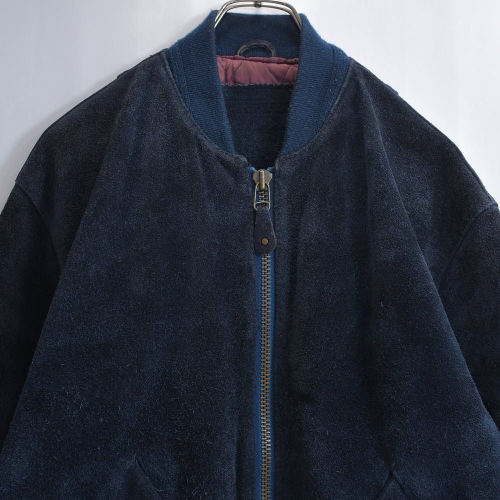 80~90s Unknown スエード リブブルゾン ヴィンテージ ネイビー 本革 アウター ビンテージ USA アメリカ古着 メンズMサイズ