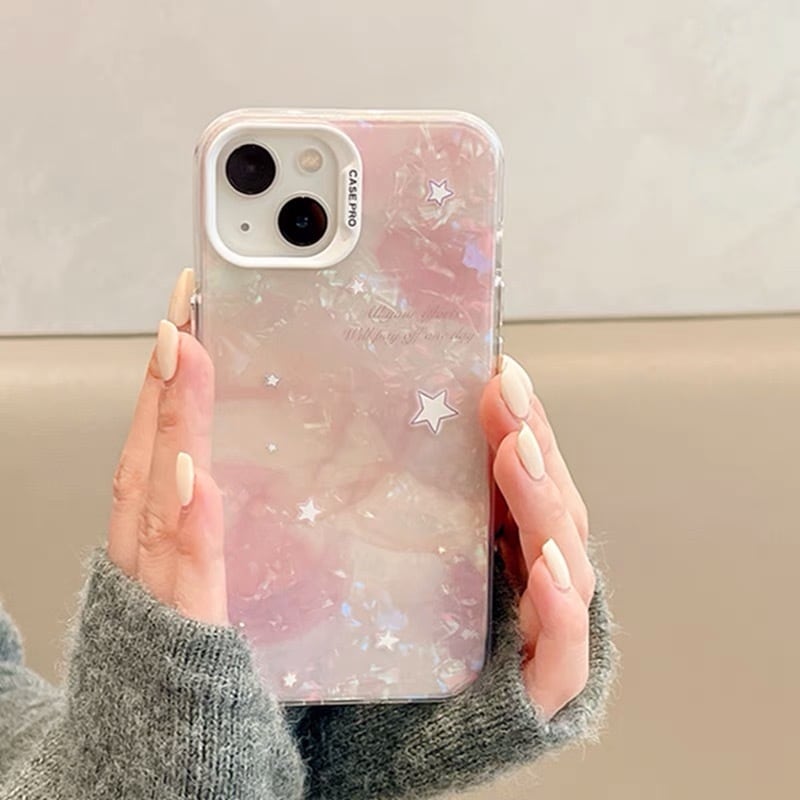 iPhoneケース iPhone14 iPhone13 シェル風 マーブル キラキラ 星 月 空