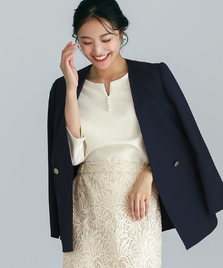 PEARLY ホワイト 長袖ジャケット　2点セット 25AW】【 洗える 】 ツイルノーカラーダブルジャケット（775538