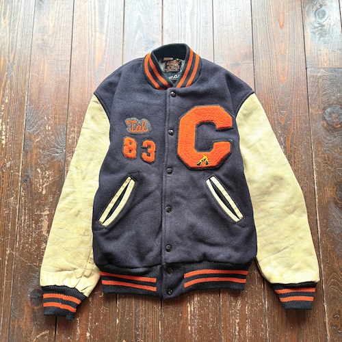 70's SKOOKUM Chain stitch Name . Felt Patch Wool × Leather Stadium Jacket / Size MEDIUM