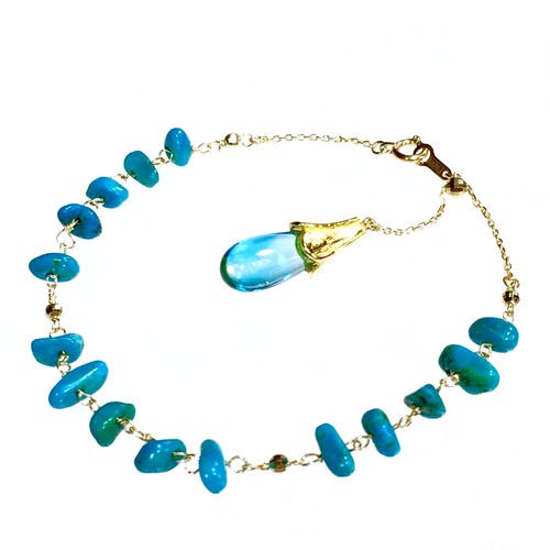 K10 ゴールドブレスレット 天然石ターコイズ ガラスジュエリー (スカイブルー) / Maho de Maho