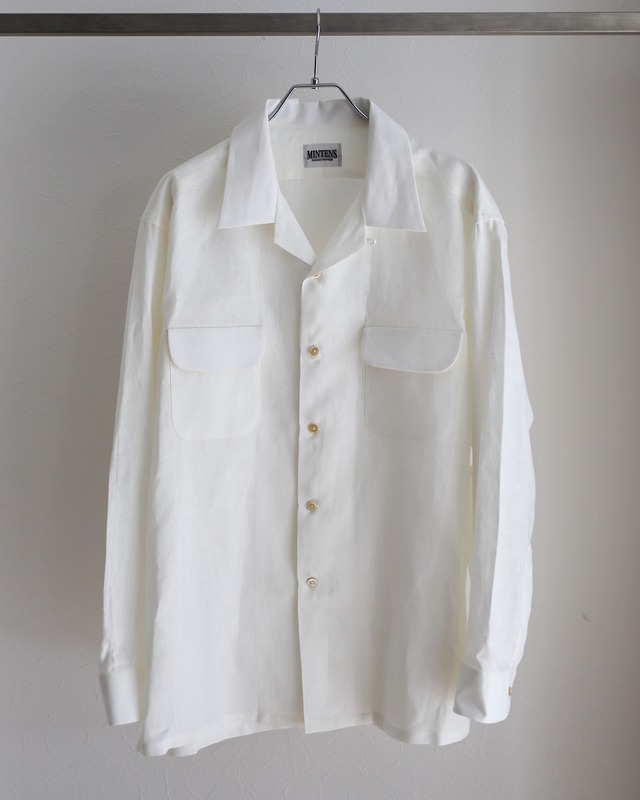 【新品】MINTENS 1960s vintage linen shirts made in Italy fabrics made in JAPAN／ イタリア製  ヴィンテージ生地 リネン オープンカラー シャツ ホワイト オリジナルブランド 1960年代シルエット サイズサイズ①、サイズ②