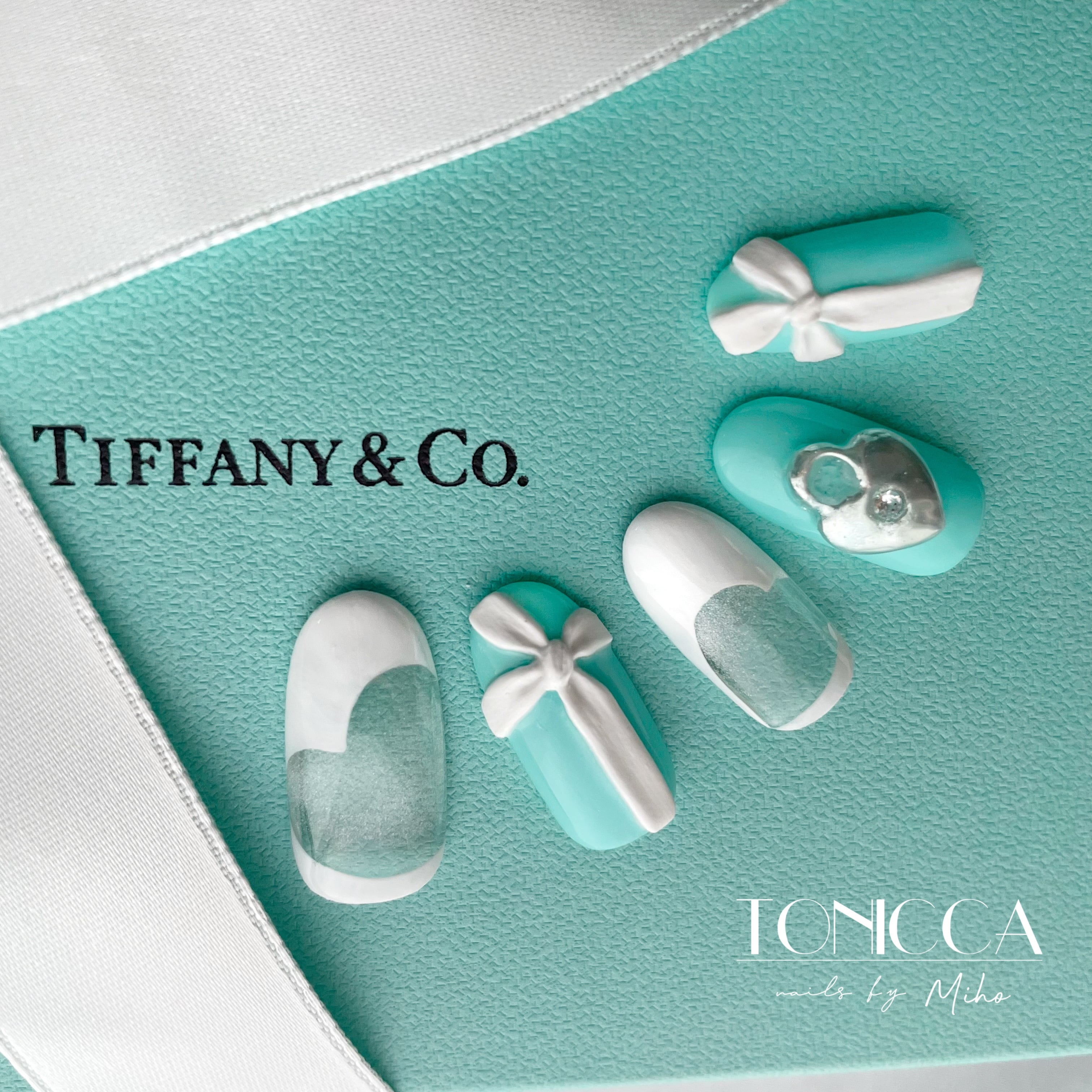 No.20 white ribbon&tiffany blue press on nails/リボンネイル