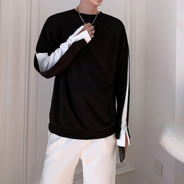 【Men】FAKE-2-PIECE CONTRAST SLEEVES ROUND NECK PULLOVER 2colors Z-109