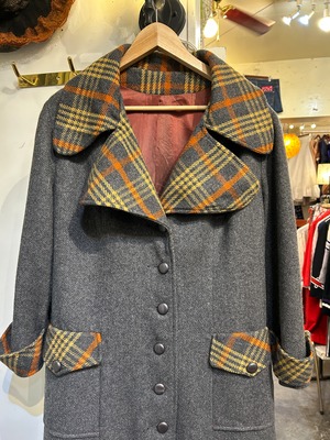 70's check gray coat with muffler& belt