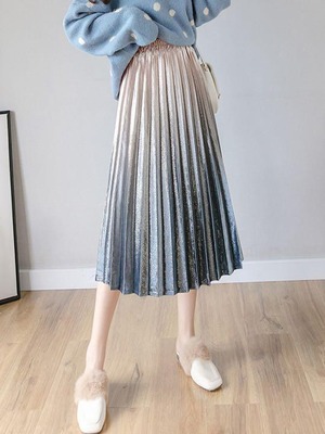 ★送料無料★フリ－☆光沢ベロアロング丈プリ－ツスカ－ト(SKN9564)