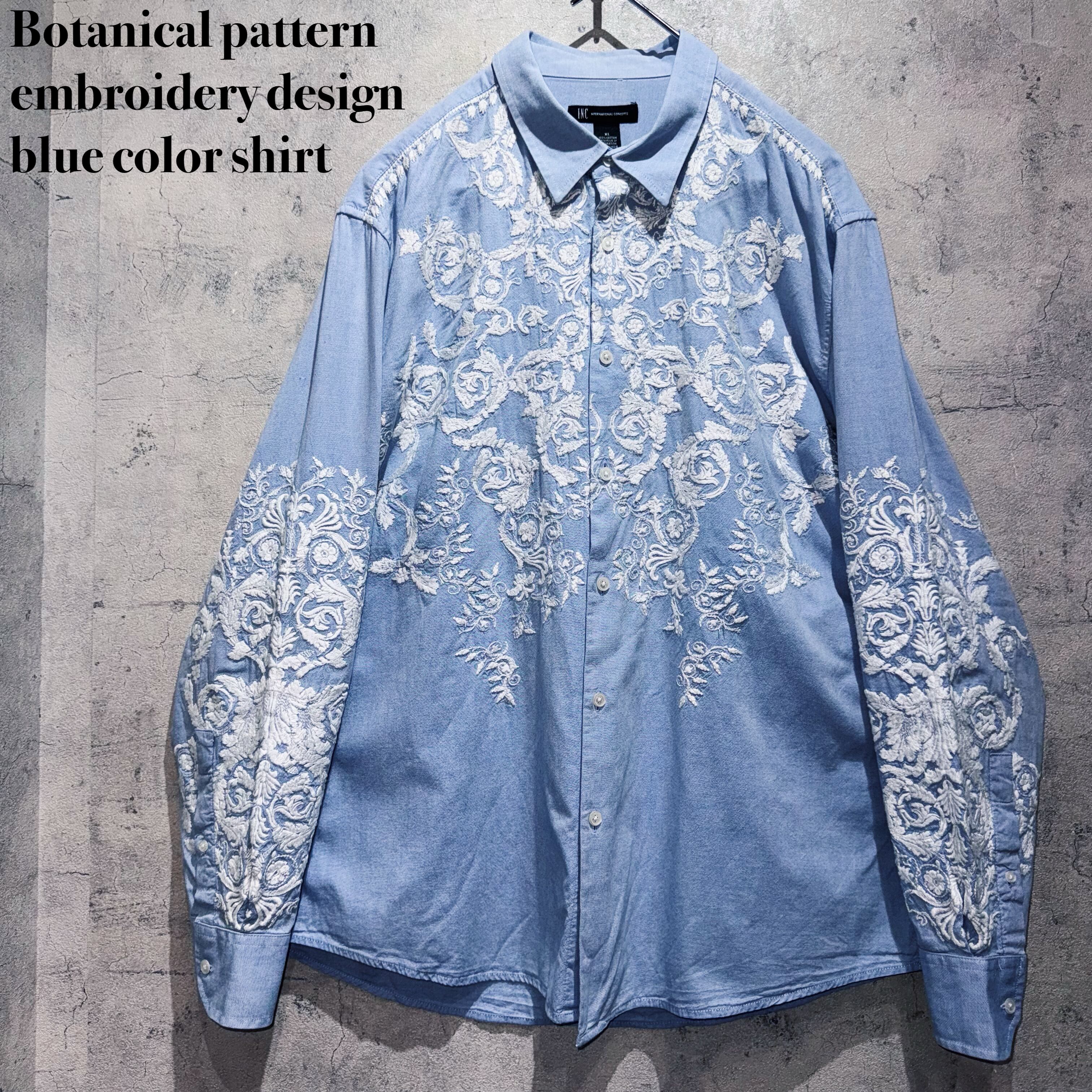 Botanical pattern embroidery design blue color shirt