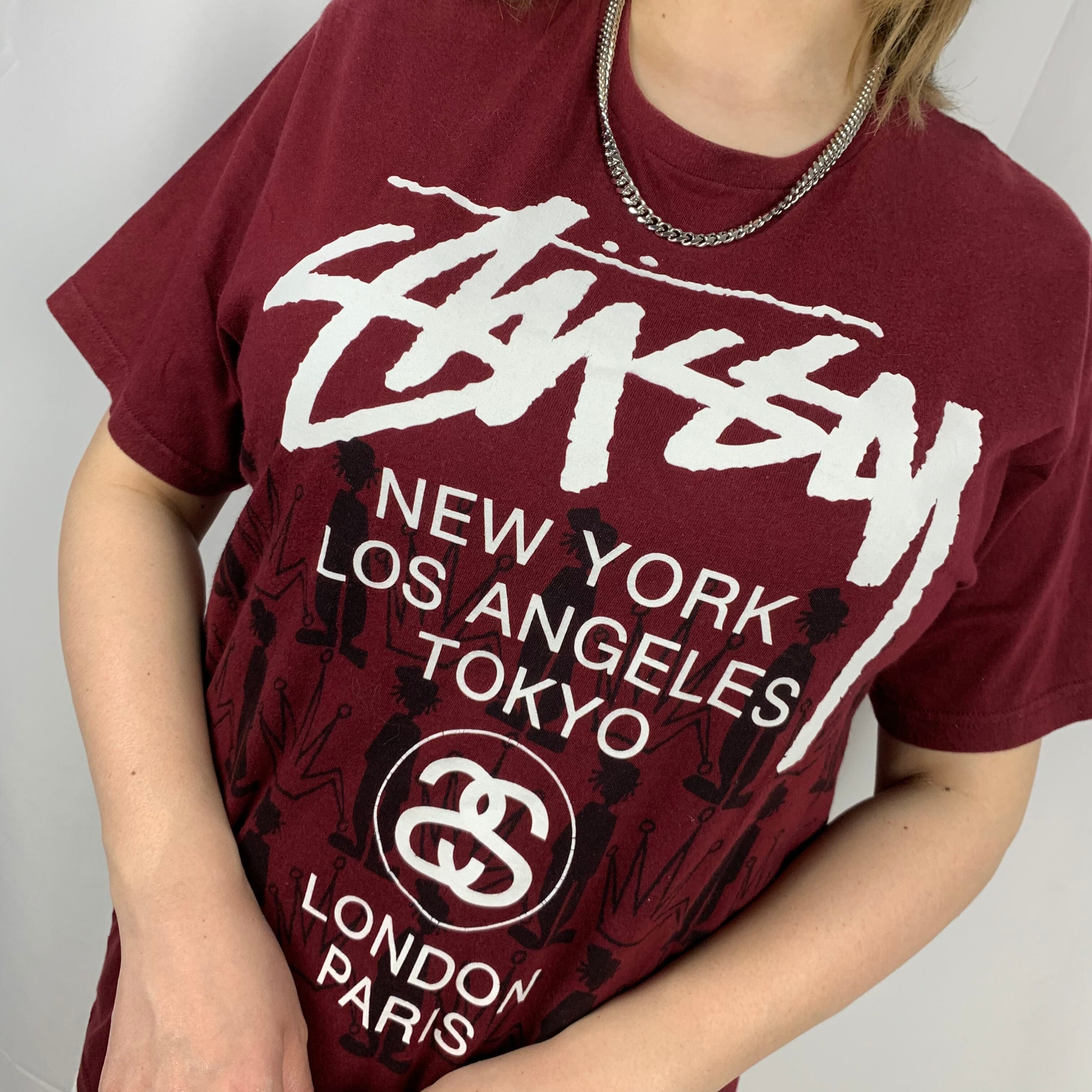 ステューシー】ワールドツアーロゴ シャドーマン ボルドーカラーT