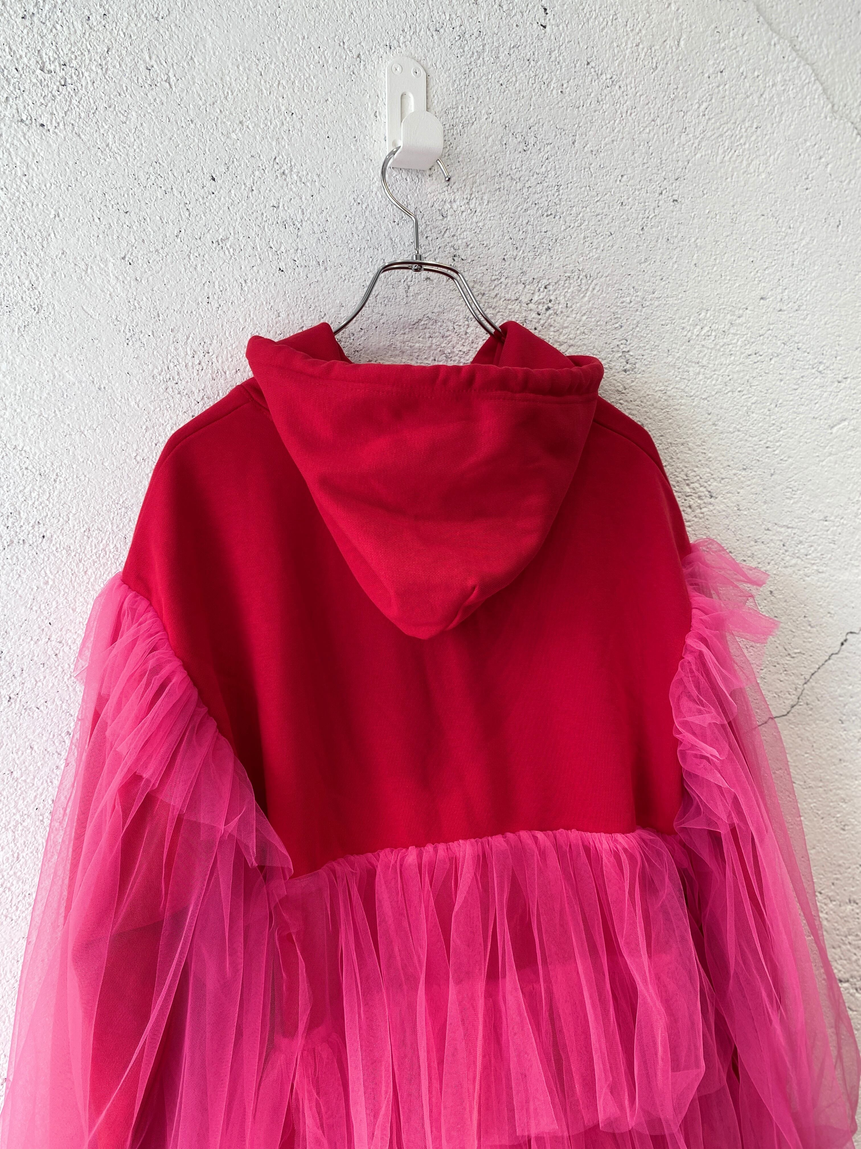 VIVIANO / Tiered Tulle Trimmed Hoodie / Pink x Red | ふぁいん