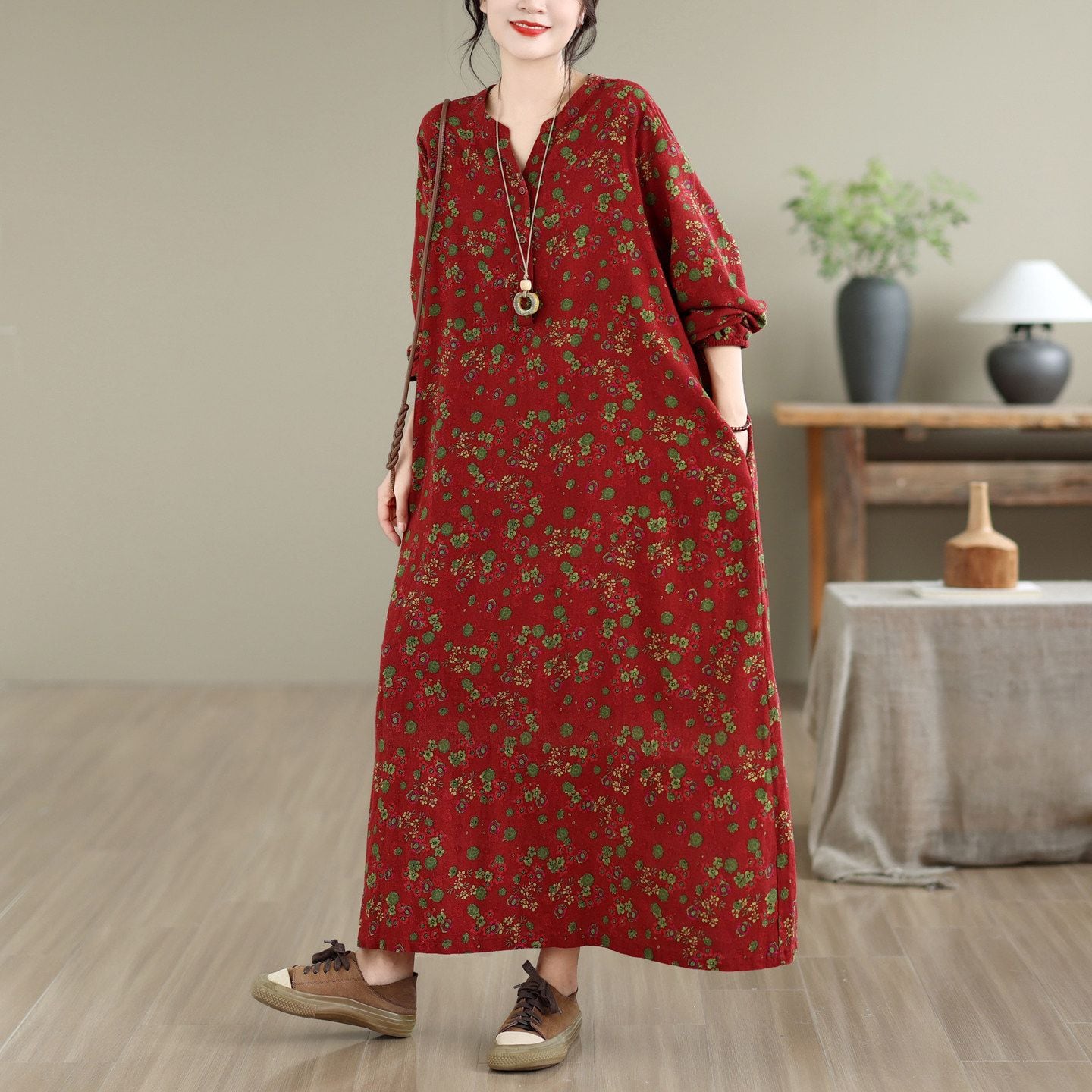 FLORAL PRINT LONG SLEEVES LOOSE A-LINE DRESS M-18235