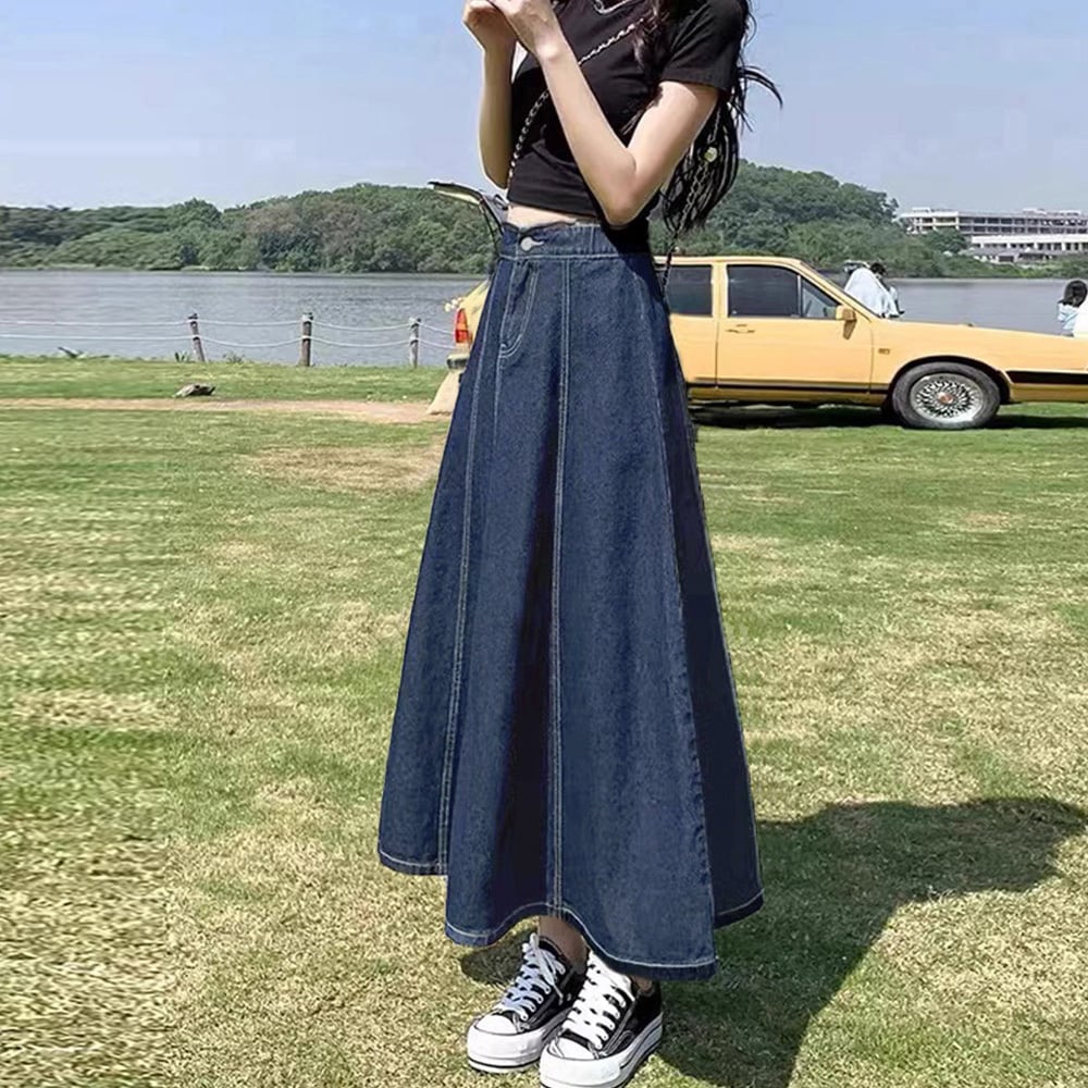 デニム スカート ロング レディース フレア かわいい 大人 きれいめ カジュアル おしゃれ フェミニン レトロ Aライン 大人可愛い 大人女子