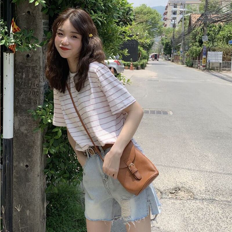 スタンダードスタイルプルオーバー Tシャツ レディースサマールーズカジュアルトップス レトロ 夏物 ストライプ 萌量不足56790540514