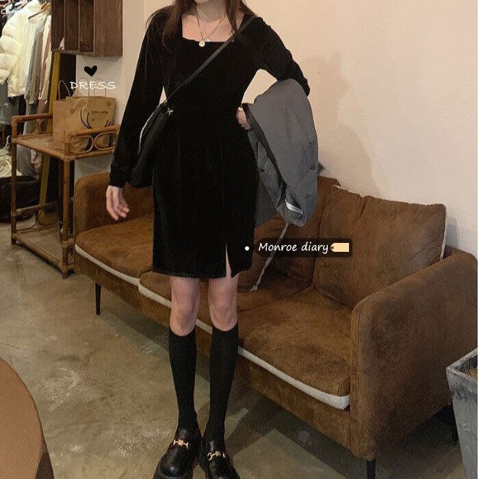ベルベットブラックドレス スタンダードAラインスカート オータムウィンターショート レトロ 秋物 冬物 モンロー18001889065