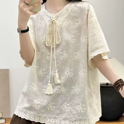 4色/フラワー刺繍タッセルリボンブラウス ・11941