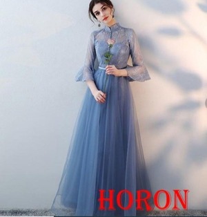 送料無料 未使用 発表会 舞台衣装 パーティ フォ－マル 刺繍 チュ－ル レース ロング ドレス 9号 M [OPN2929]