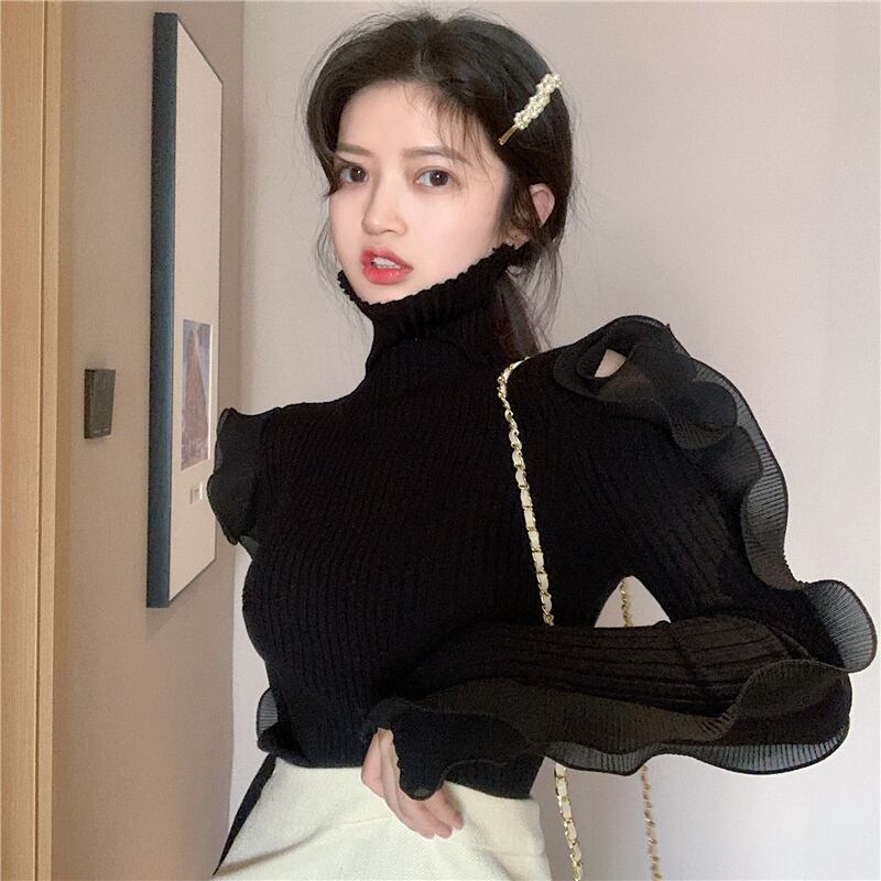 ニットセーター メッシュブラックトップス スプリングシャツ 春物 ステッチ ブラックストロベリース44490071753