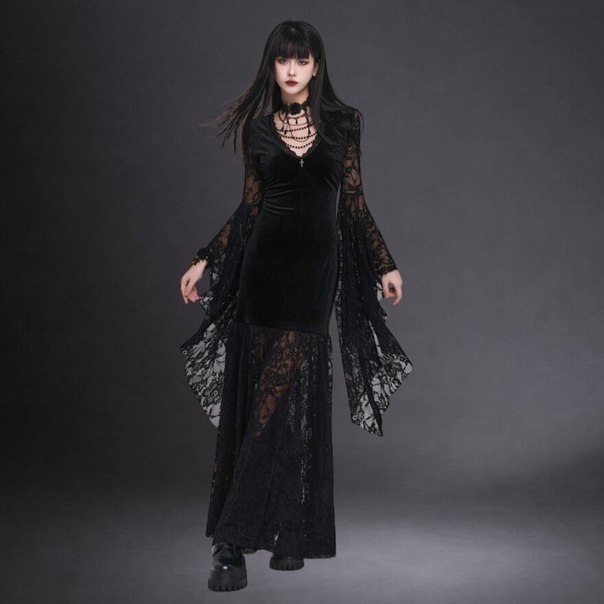 大人ゴシック ロングワンピース ベルベット×レース切替｜WithU