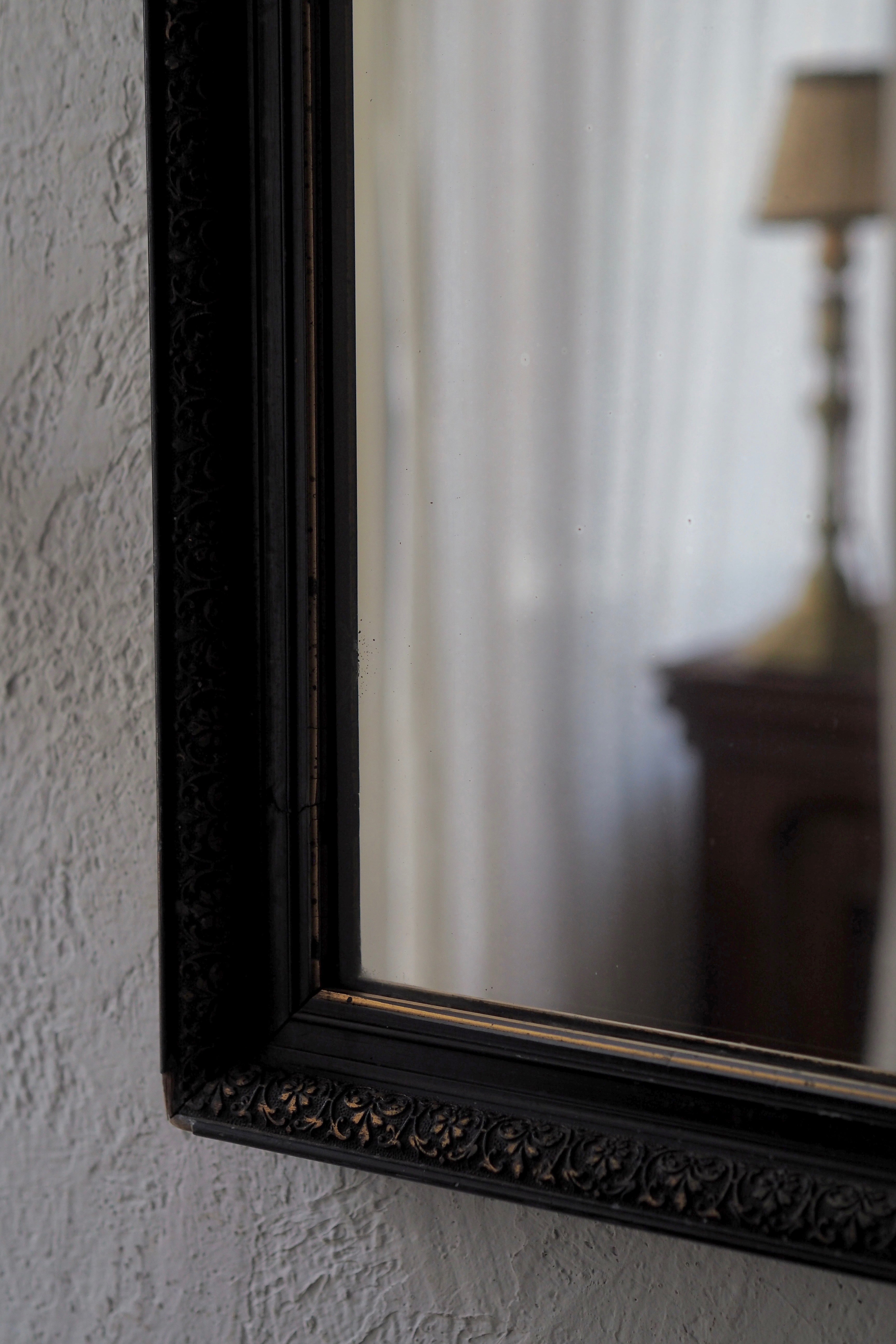 黒 ボタニカル装飾のミラー-antique black frame mirror