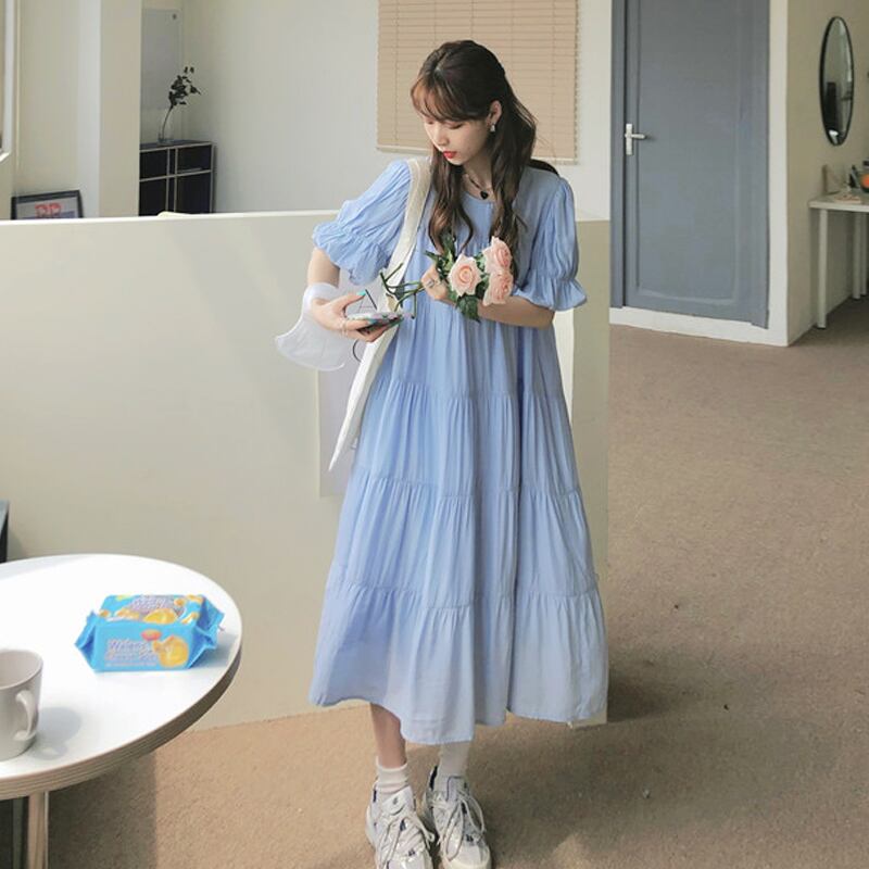 ブルースリーブドレス サマーロングスカート 夏物 スーパーモール85105840574