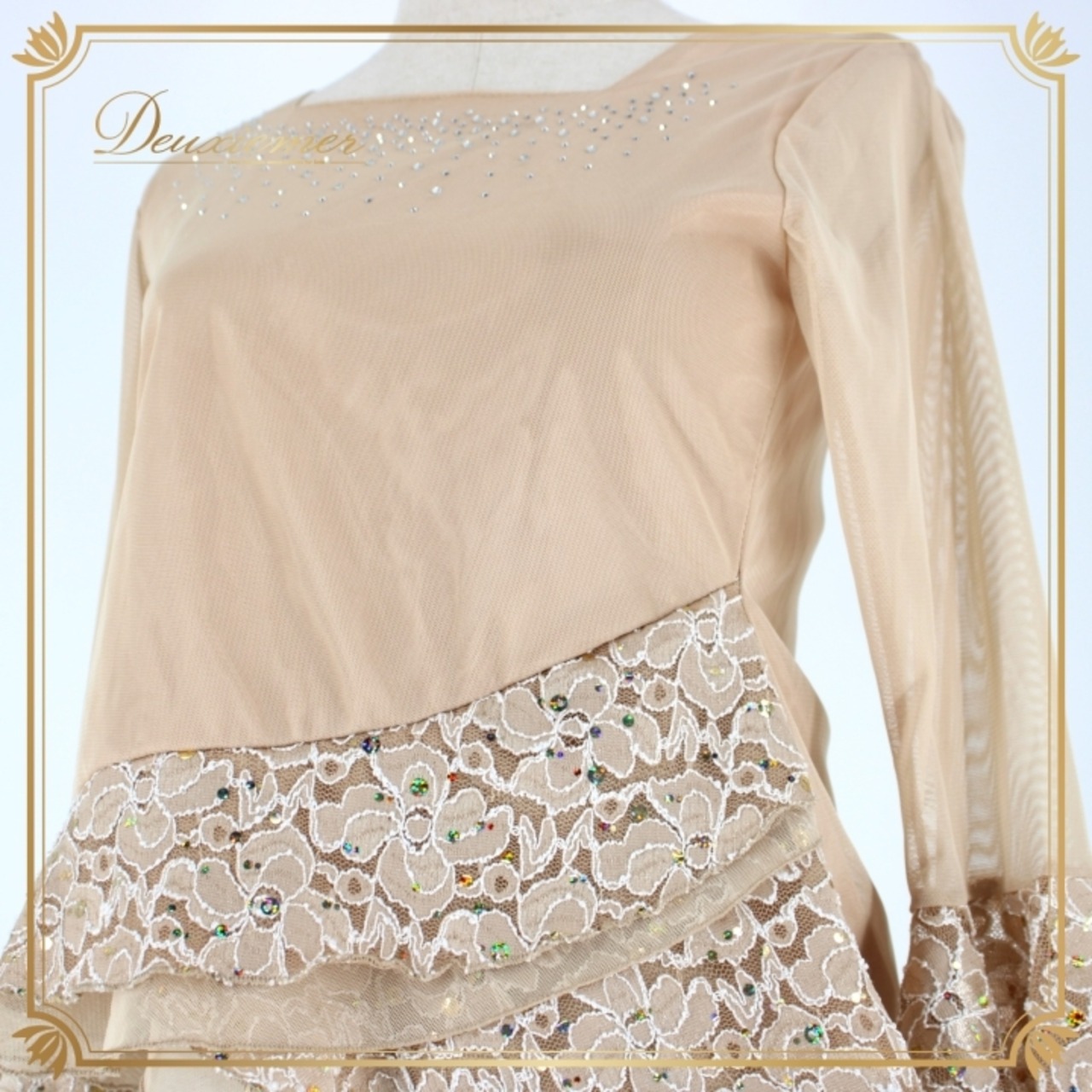 社交ダンス 衣装 スタンダード トップス レッスンウェア オールシーズン ICHIOKU イチオク ベージュ系 レース ラインストーン 長袖 練習着 上品 シンプル 女性用 おしゃれ ダンスウェア 体型カバー ストレッチ 練習用 ツヤ感 ショート丈 軽量 快適