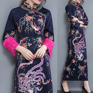 大特価　袖ファー 刺繍 ロング チャイナ ドレス ワンピ